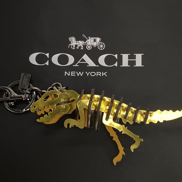 Coach Gold Metallic Rexy Dinosaur Puzzle Fob Small Bag Charm Keychain NWOT Leath - Picture 2 of 11